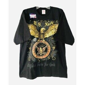 U.S. Navy Black T-Shirt Size L Large Graphic Big Eagle Emblem Bayside Made USA
